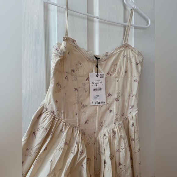 New with Tags Zara Cream Floral Lace Bow Dress with Pockets Size M Cotton Blend - Picture 6 of 8